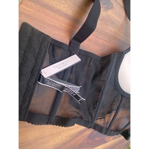 Victoria Secret Corset Bra Top 34B Very Sexy Push Up Black Lace Shine Strap - Picture 12 of 12